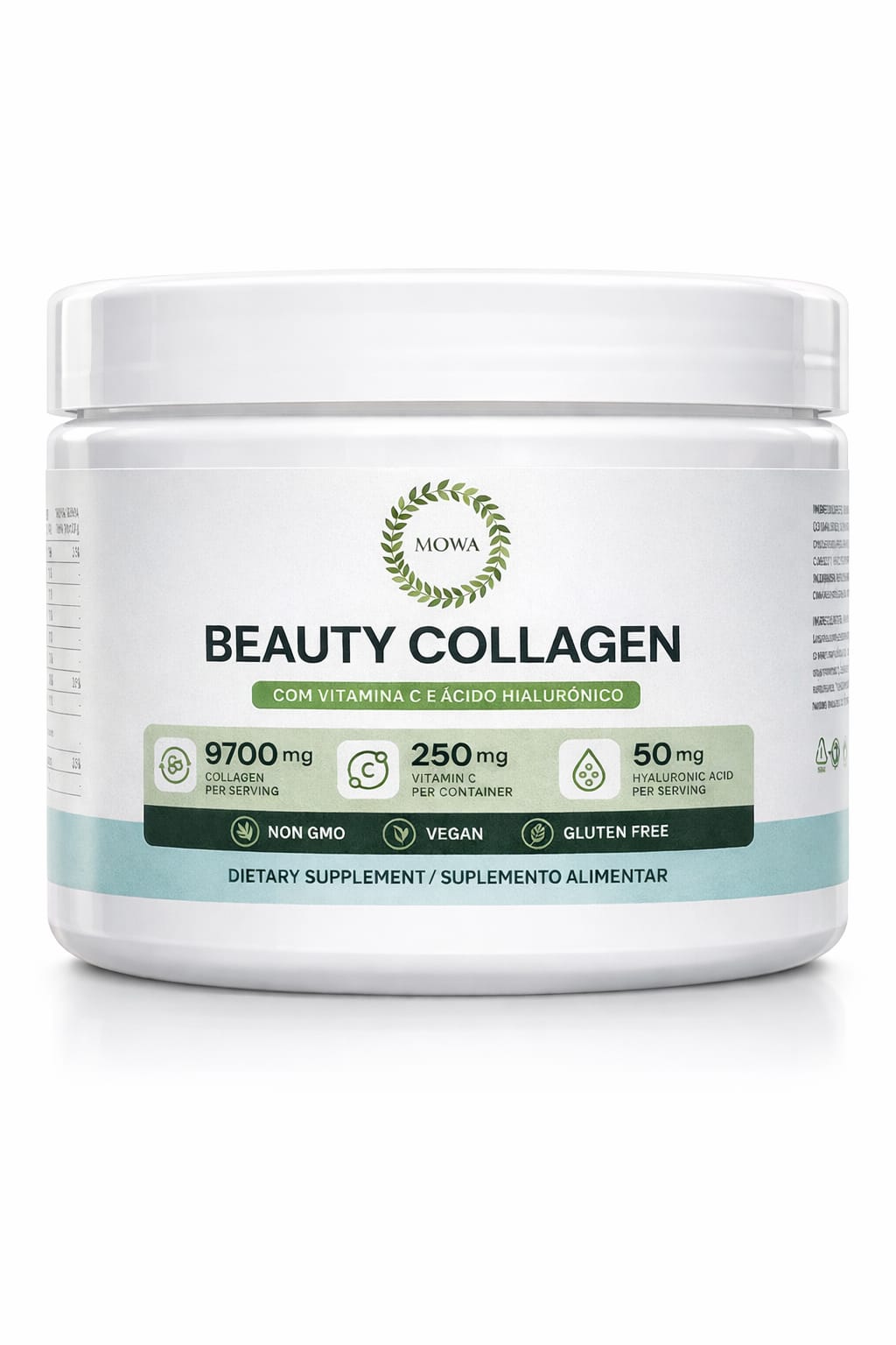 MOWA Beauty Collagen Colágeno  hidrolisado tipo l e lll, com Vitamina C (Ácido ascórbico)  e Ácido Hialurônico Em Pó e Sem sabor
