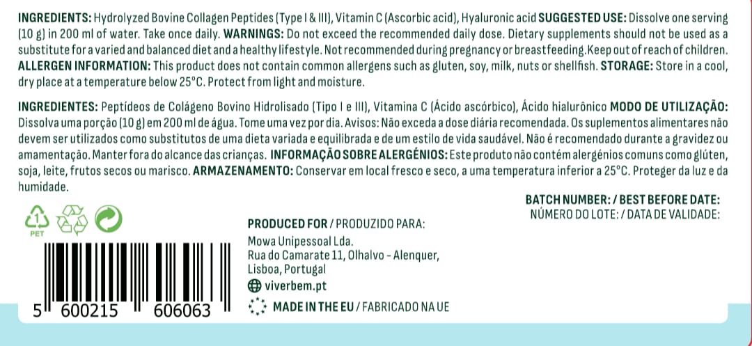 MOWA Beauty Collagen Colágeno  hidrolisado tipo l e lll, com Vitamina C (Ácido ascórbico)  e Ácido Hialurônico Em Pó e Sem sabor