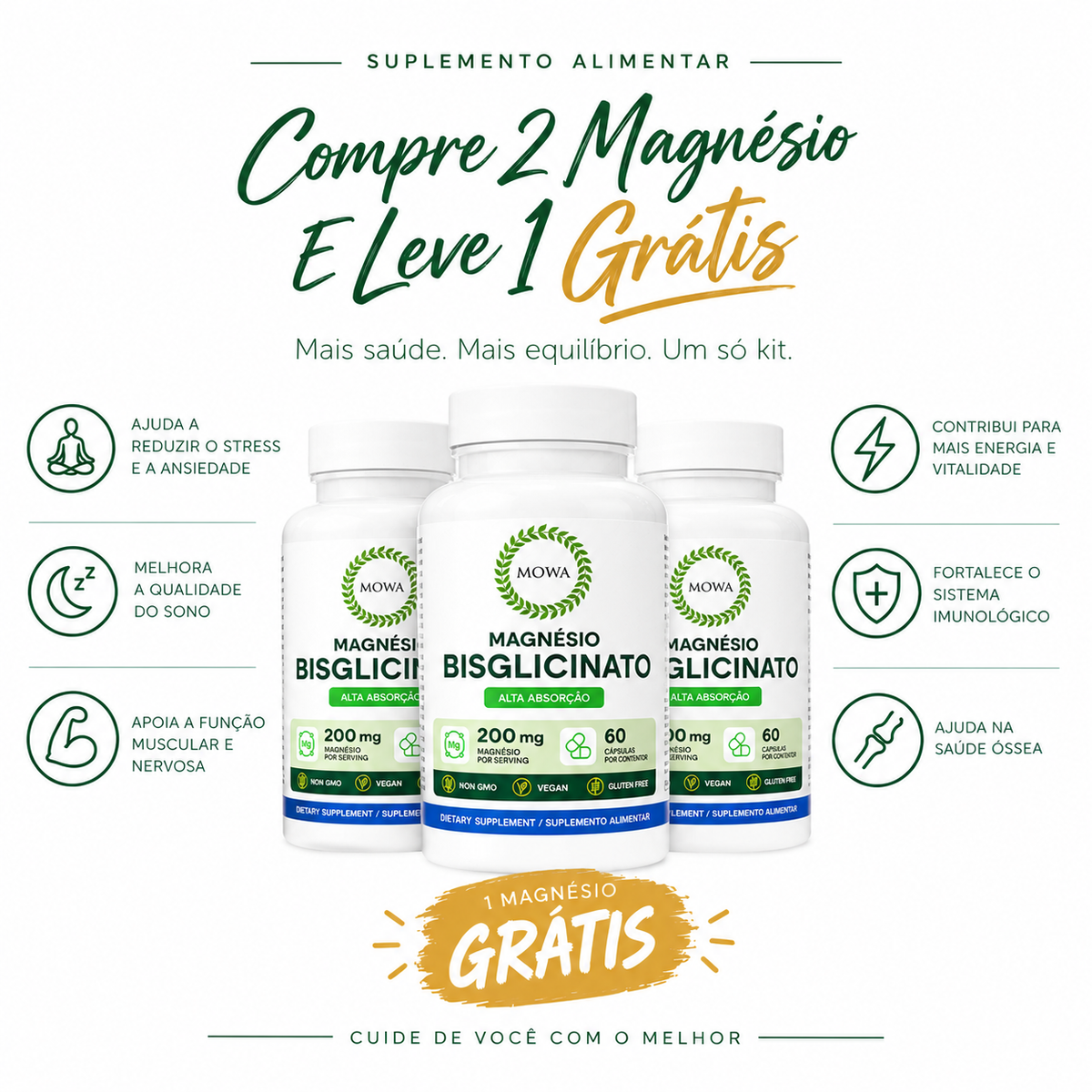 Kit Magnésio Bisglicinato — Compre 2 e Leve 3 (1 Grátis)